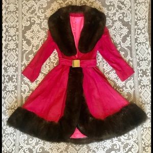 Vintage Magenta Suede Swing Coat w/Mink Trim